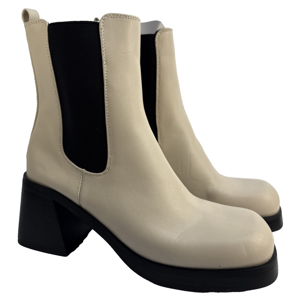 Topshop Womens Ivory Leather Boots Size 9 Chunky Block Heel Retro Y2K NWOB